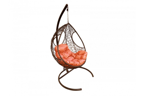 Подвесное кресло Кокон Долька ротанг каркас коричневый-подушка оранжевая