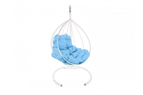 Подвесное кресло Кокон Капля каркас белый-подушка голубая
