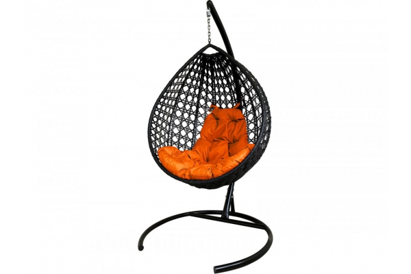 Подвесное кресло Кокон Капля Люкс ротанг каркас чёрный-подушка оранжевая