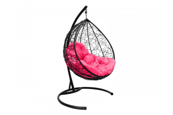 Подвесное кресло Кокон Капля ротанг каркас чёрный-подушка розовая