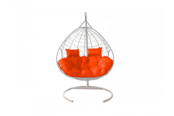 Подвесное кресло Кокон Для двоих ротанг каркас белый-подушка оранжевая