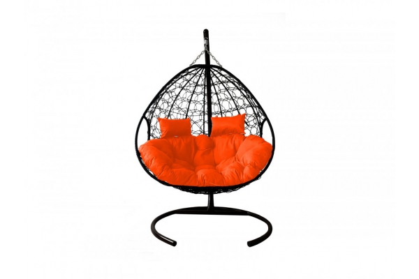 Подвесное кресло Кокон Для двоих ротанг каркас чёрный-подушка оранжевая
