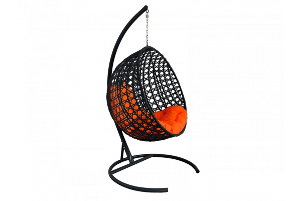 Подвесное кресло Кокон Круглый Люкс ротанг каркас чёрный-подушка оранжевая