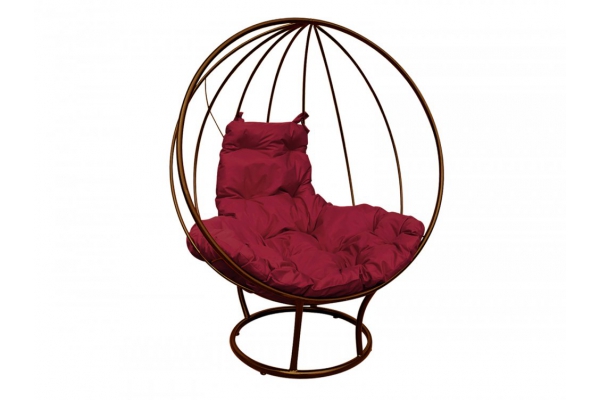 Кресло Кокон Круглый на подставке каркас коричневый-подушка бордовая
