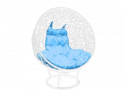 Кресло Кокон Круглый на подставке ротанг каркас белый-подушка голубая