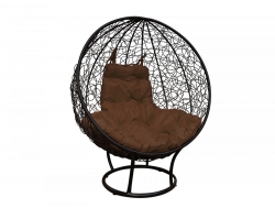 Кресло Кокон Круглый на подставке ротанг каркас чёрный-подушка коричневая