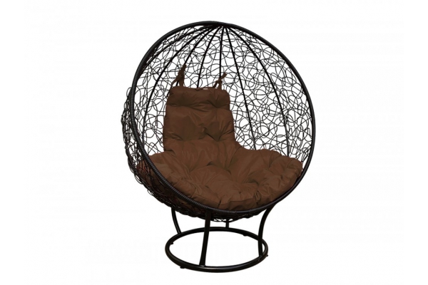 Кресло Кокон Круглый на подставке ротанг каркас чёрный-подушка коричневая