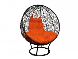 Кресло Кокон Круглый на подставке ротанг каркас чёрный-подушка оранжевая