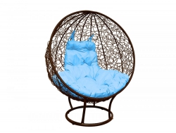 Кресло Кокон Круглый на подставке ротанг каркас коричневый-подушка голубая