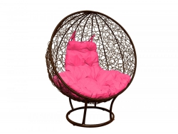 Кресло Кокон Круглый на подставке ротанг каркас коричневый-подушка розовая