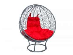 Кресло Кокон Круглый на подставке ротанг каркас серый-подушка красная