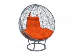 Кресло Кокон Круглый на подставке ротанг каркас серый-подушка оранжевая