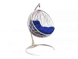 Подвесное кресло Кокон Круглый ротанг каркас белый-подушка синяя