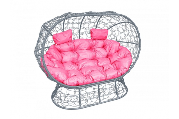 Подвесной диван Кокон Лежебока на подставке каркас серый-подушка розовая