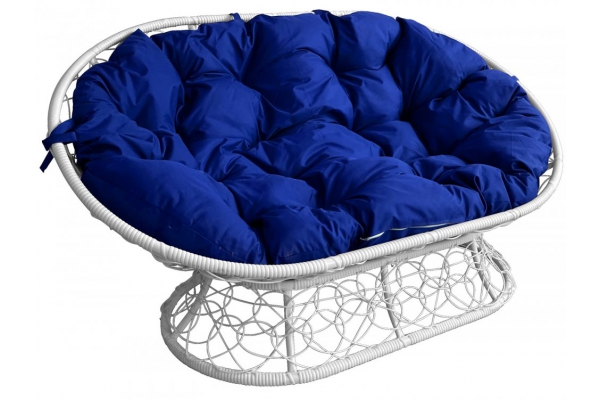 Диван Мамасан с ротангом каркас белый-подушка синяя