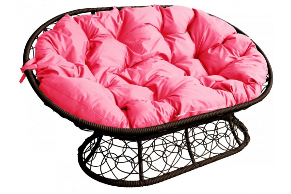 Диван Мамасан с ротангом каркас коричневый-подушка розовая