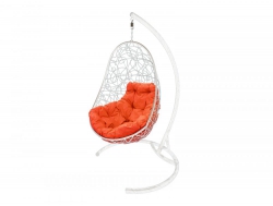 Подвесное кресло Кокон Овал ротанг каркас белый-подушка оранжевая