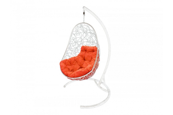 Подвесное кресло Кокон Овал ротанг каркас белый-подушка оранжевая