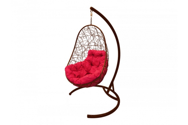 Подвесное кресло Кокон Овал ротанг каркас коричневый-подушка красная