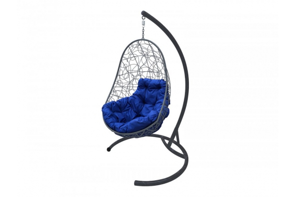 Подвесное кресло Кокон Овал ротанг каркас серый-подушка синяя