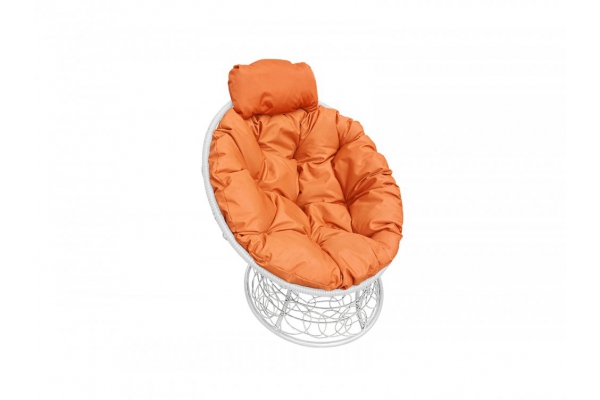 Кресло Папасан мини с ротангом каркас белый-подушка оранжевая