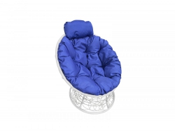 Кресло Папасан мини с ротангом каркас белый-подушка синяя