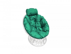 Кресло Папасан мини с ротангом каркас белый-подушка зелёная