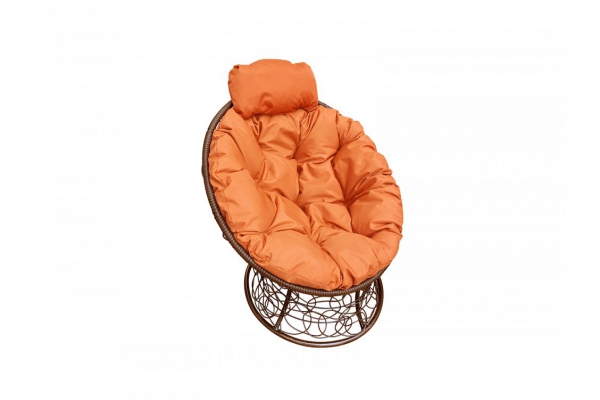 Кресло Папасан мини с ротангом каркас коричневый-подушка оранжевая