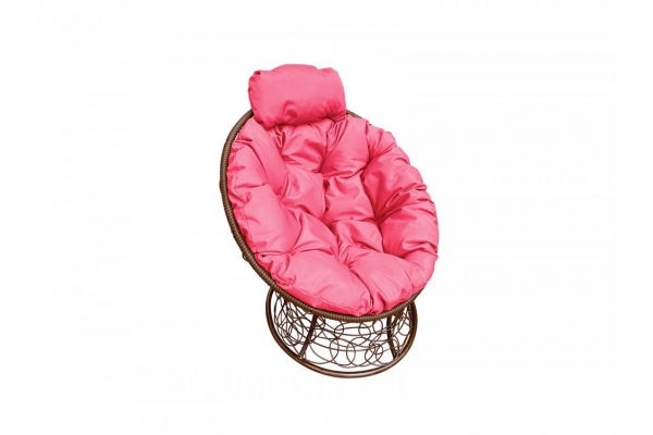 Кресло Папасан мини с ротангом каркас коричневый-подушка розовая