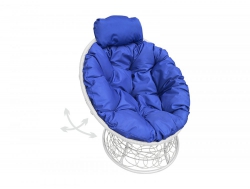 Кресло Папасан пружинка мини с ротангом каркас белый-подушка синяя