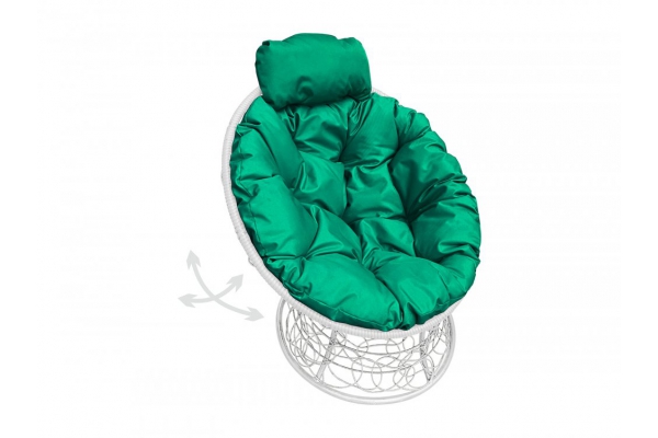Кресло Папасан пружинка мини с ротангом каркас белый-подушка зелёная