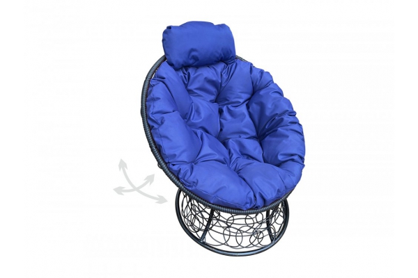Кресло Папасан пружинка мини с ротангом каркас чёрный-подушка синяя