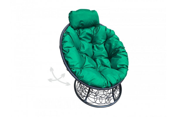 Кресло Папасан пружинка мини с ротангом каркас чёрный-подушка зелёная