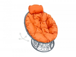 Кресло Папасан пружинка мини с ротангом каркас серый-подушка оранжевая