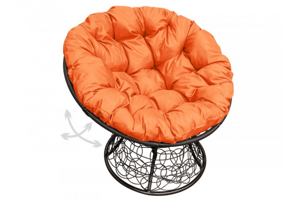 Кресло Папасан пружинка с ротангом каркас чёрный-подушка оранжевая