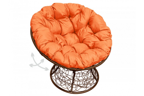 Кресло Папасан пружинка с ротангом каркас коричневый-подушка оранжевая