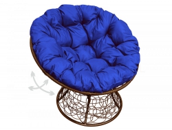 Кресло Папасан пружинка с ротангом каркас коричневый-подушка синяя