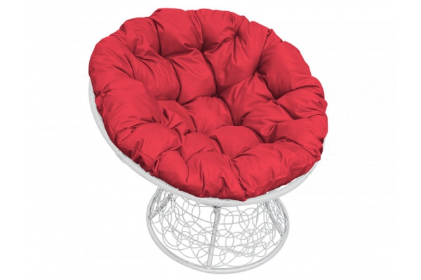 Кресло Папасан с ротангом каркас белый-подушка красная