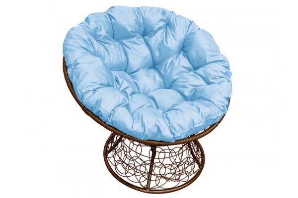 Кресло Папасан с ротангом каркас коричневый-подушка голубая