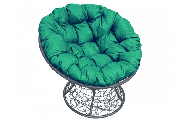 Кресло Папасан с ротангом каркас серый-подушка зелёная