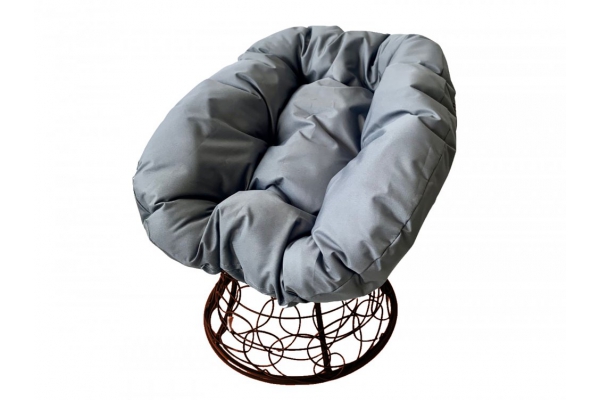 Кресло Пончик с ротангом каркас коричневый-подушка серая