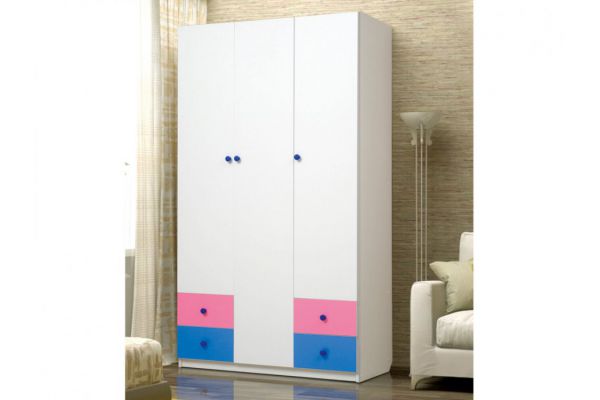 Шкаф 3-х дверный с ящиками Радуга розовый + синий