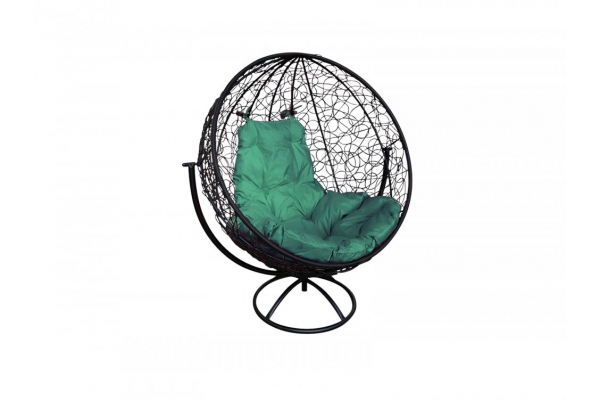 Кресло Кокон Круглый вращающийся ротанг каркас чёрный-подушка зелёная