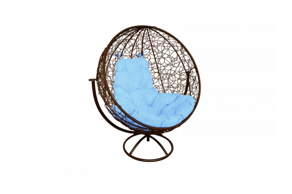 Кресло Кокон Круглый вращающийся ротанг каркас коричневый-подушка голубая