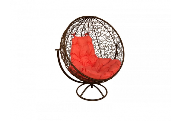 Кресло Кокон Круглый вращающийся ротанг каркас коричневый-подушка оранжевая