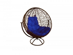 Кресло Кокон Круглый вращающийся ротанг каркас коричневый-подушка синяя