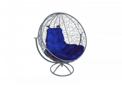 Кресло Кокон Круглый вращающийся ротанг каркас серый-подушка синяя